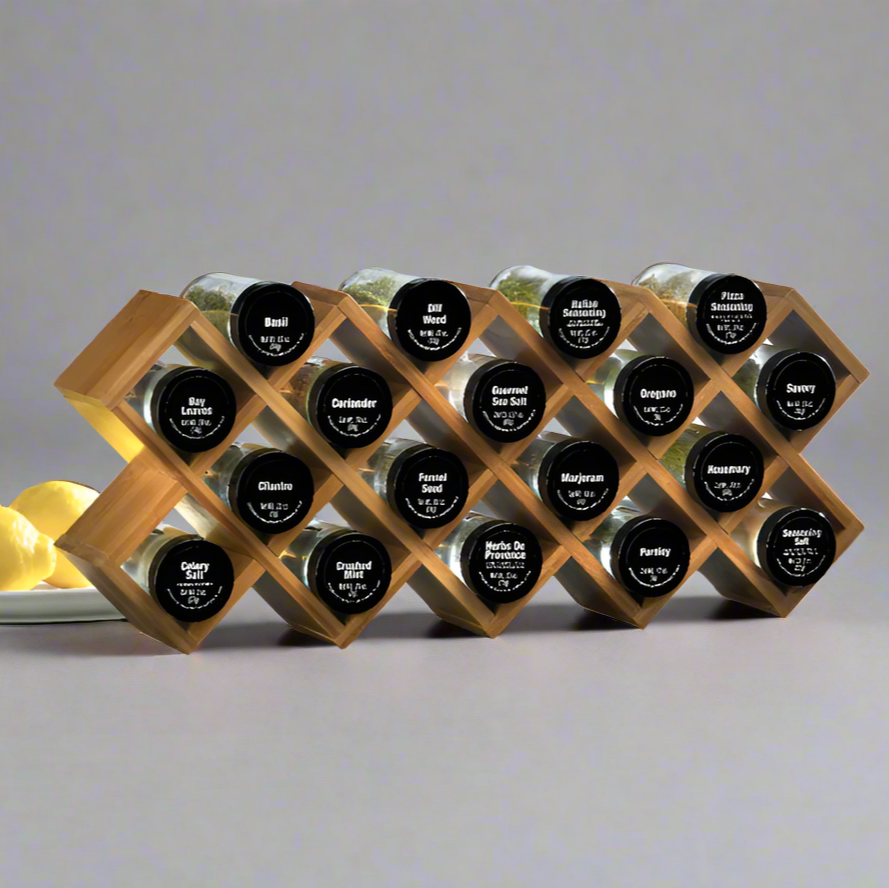 Kamenstein Criss-Cross 18-Jar Bamboo Spice Rack with Black Caps